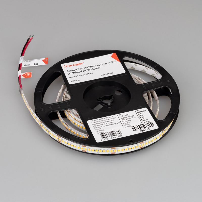 Светодиодная лента Arlight RT-A240-10mm 24V Warm3000 (22 W/m, IP20, 5m) (высок.эфф.150 лм/Вт) 038745(1)