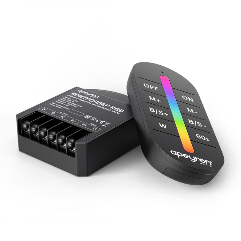 Контроллер RGB 12В/24В, 288вт/576Вт, 3 канала, 24А, IP20, ПДУ RF сенсорный (без батареек) Apeyron 04-103