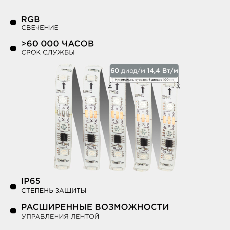 Комплект адресной светодиодной ленты Apeyron 24В 14,4Вт/м smd5050 60д/м IP65 10м RGB (адаптер питания, контроллер)  10-100