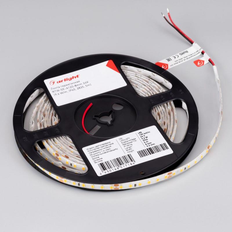 Светодиодная герметичная лента Arlight RTW-SE-A120-8mm 24V Warm2700 (9.6 W/m, IP65, 2835, 5m) 055405