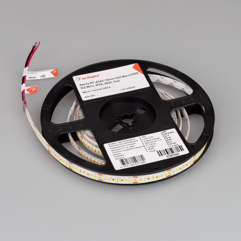 Светодиодная лента Arlight RT-A240-10mm 24V Warm3000 (22 W/m, IP20, 2835, 5m) 038745