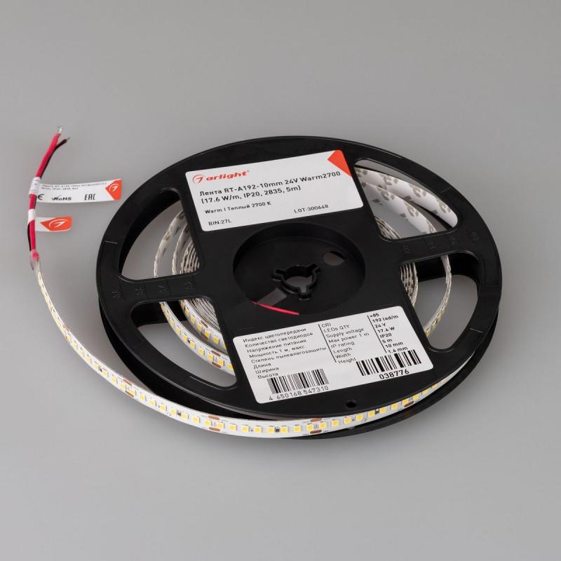 Светодиодная лента Arlight RT-A192-10mm 24V Warm2700 (17.6 W/m, IP20, 5m) (высок.эфф.150 лм/Вт) 038776(1)